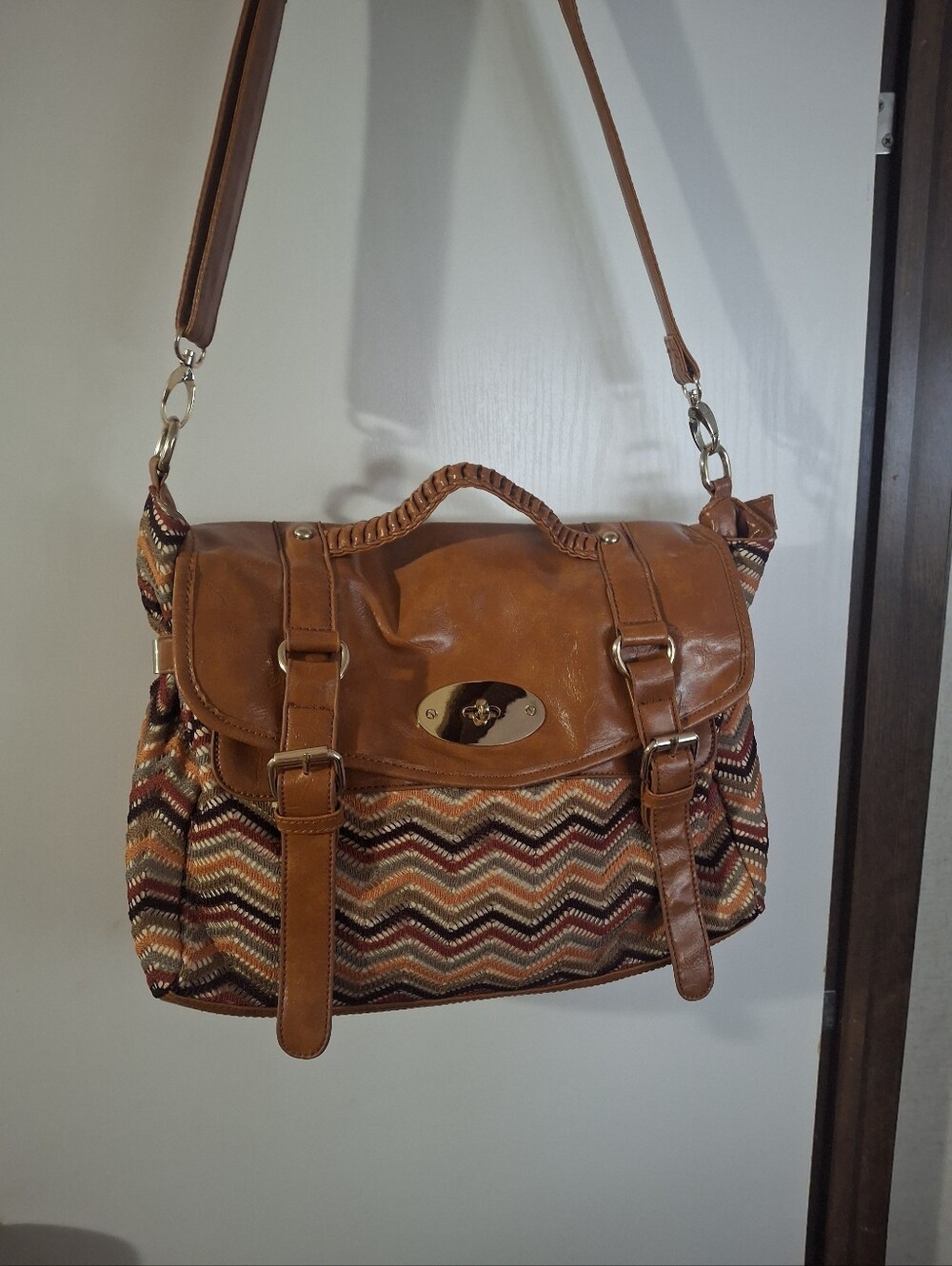 Street Level Multicolor Chevron Satchel with Tan Accents